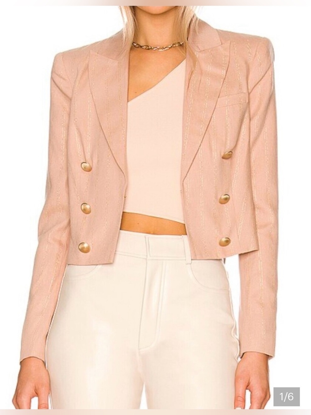 L'AGENCE Blush Pink Cropped Double-Breasted Blazer with Gold Buttons